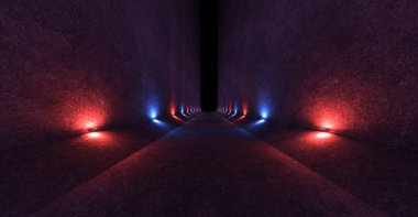 Beton duvarlar ve yumuşak yayılan duvar lambaları ile boş alanı yukarı ve aşağı kırmızı ve mavi ışık yayılmış. 3D render