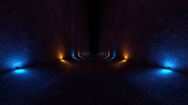 Beton duvarlar ve yukarı ve aşağı yumuşak dağınık ışık yaymak duvar lambaları ile boş alanı. 3D render
