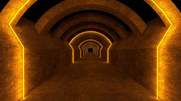 Порожній Простір Бетонними Стінами Світяться Неоновими Трубами Візуалізація — стокове фото