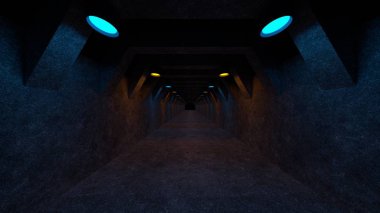 Beton duvarlar ve yumuşak dağınık ışık yaymak duvar lambaları ile boş alanı. 3D render