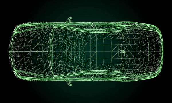 这个模特儿有一辆高档轿车 在黑色背景上以绿色多边形三角形网格的形式表示的矢量图形 — 图库矢量图片