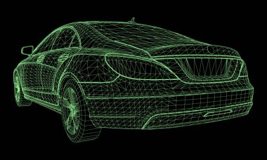 Model birinci sınıf bir sedan kullanıyor. Siyah bir arkaplan üzerinde yeşil çokgen üçgen ızgara şeklinde vektör illüstrasyonu