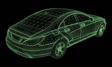 Model birinci sınıf bir sedan kullanıyor. Siyah bir arkaplan üzerinde yeşil çokgen üçgen ızgara şeklinde vektör illüstrasyonu