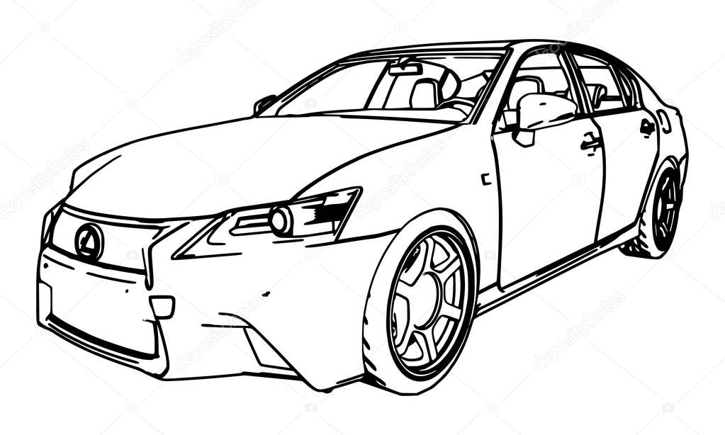 Vector drawing Lexus GS made in black contour lines on a white background