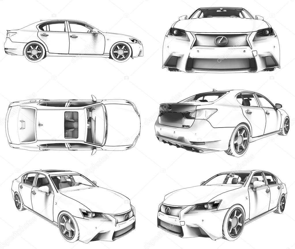 Set 3d model lexus gs on white background. 3d rendering