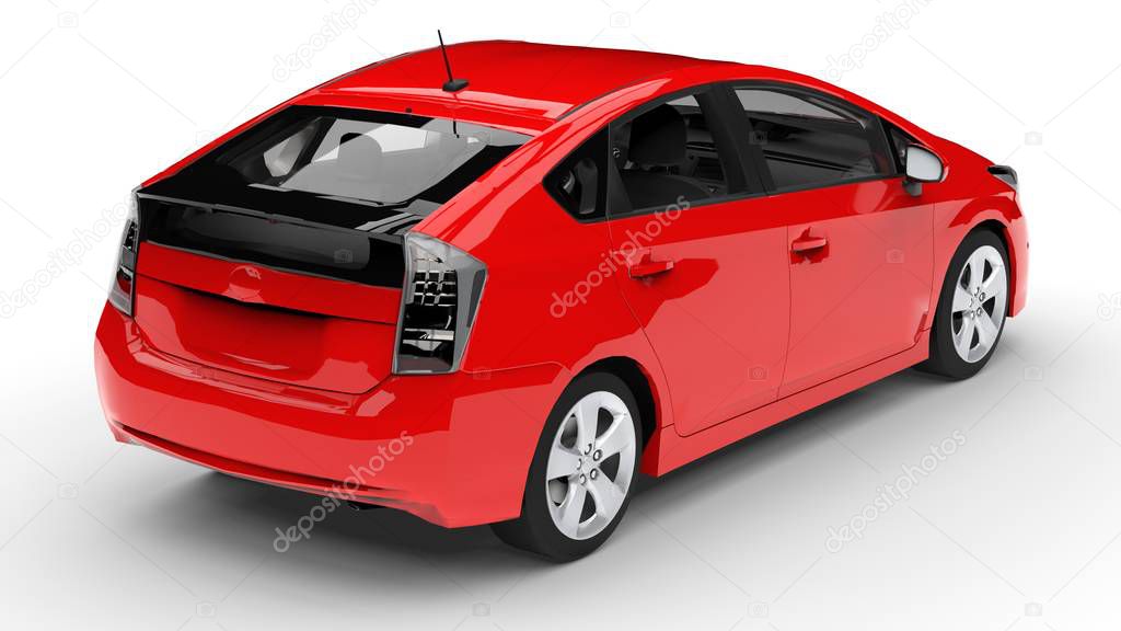 Modern family hybrid car red on a white background with a shadow on the ground. 3d rendering
