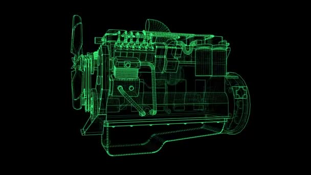 Diesel Motor Tillverkad Gröna Glödande Konturlinjer Svart Bakgrund — Stockvideo