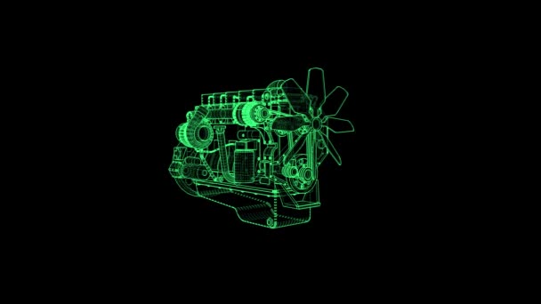 Дизельный Двигатель Зеленых Светящихся Контуров Черном Фоне — стоковое видео
