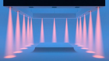 Kenarları ve yumuşak yumuşak ışık merkezinde sahne ışıkları ile boş mavi studio. 3D render