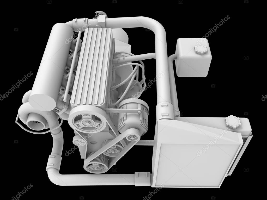 Modern Turbo Car Engine Isolated on Black Background. 3d rendering