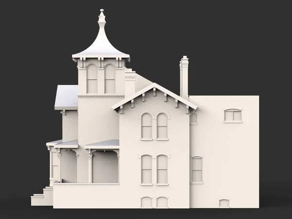 Παλιό σπίτι σε βικτοριανό στιλ. Εικονογράφηση σε μαύρο φόντο. Είδη από διάφορες πλευρές. 3D rendering. — Φωτογραφία Αρχείου