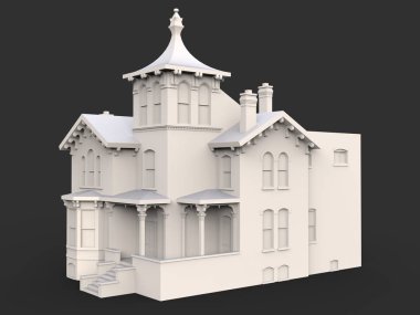 Victoria tarzı eski evde. Resimde siyah arka plan üzerine. Farklı türlerden. 3D render.