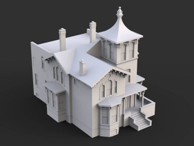 Victoria tarzı eski evde. Resimde siyah arka plan üzerine. Farklı türlerden. 3D render.