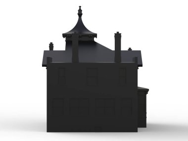 Victoria tarzı siyah eski evde. Resimde beyaz arka plan üzerinde. Farklı türlerden. 3D render.