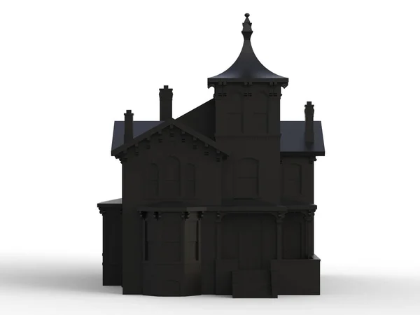 Zwarte oud huis in Victoriaanse stijl. Illustratie op witte achtergrond. Soorten van verschillende kanten. 3D-rendering. — Stockfoto