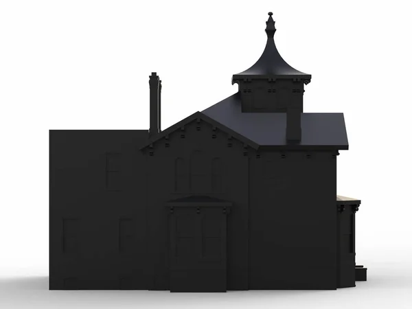 Schwarzes altes Haus im viktorianischen Stil. Illustration auf weißem Hintergrund. Arten von verschiedenen Seiten. 3D-Darstellung. — Stockfoto