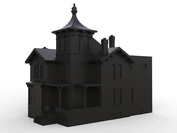 Vecchia casa nera in stile vittoriano. Illustrazione su sfondo bianco. Specie da diversi lati. rendering 3d . — Foto Stock