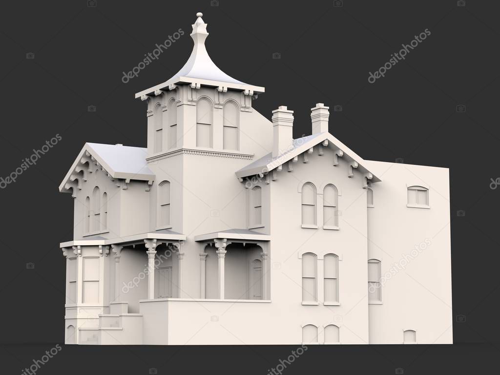 Old house in Victorian style. Illustration on black background. Species from different sides. 3d rendering.