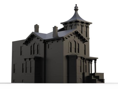Victoria tarzı siyah eski evde. Resimde beyaz arka plan üzerinde. Farklı türlerden. 3D render.