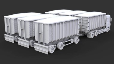 Büyük beyaz kamyon nakliye tarım ve bina hacim materyalleri ve ürünleri için ayrı römorklar ile. 3D render