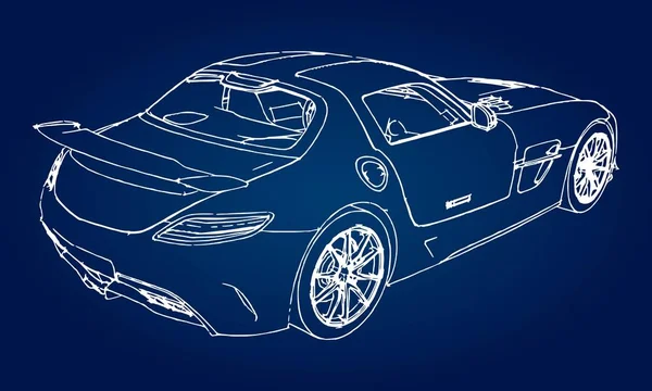 现代跑车在带有渐变的蓝色背景下的素描 — 图库矢量图片