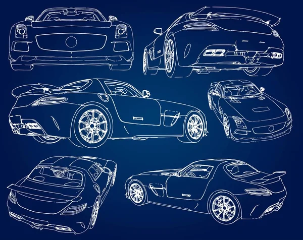 Set Sketch Modern Sports Car Blue Background Gradient — Stock Vector