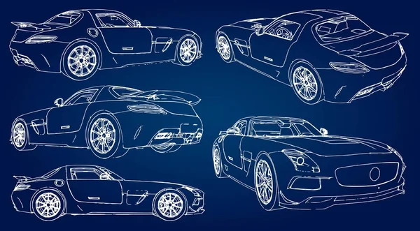 Nastavit Skica Moderní Sportovní Automobil Modrém Pozadí Přechodem — Stockový vektor