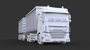 Büyük beyaz kamyon nakliye tarım ve bina hacim materyalleri ve ürünleri için ayrı römork ile. 3D render