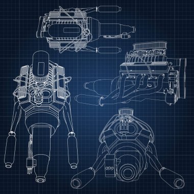 Güçlü araba motoru çeşitli türleri kümesi. Motor ile beyaz çizgiler bir kafes içinde bir koyu mavi kağıda çizilir.