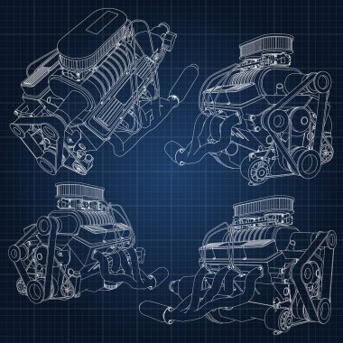 Güçlü araba motoru çeşitli türleri kümesi. Motor ile beyaz çizgiler bir kafes içinde bir koyu mavi kağıda çizilir.