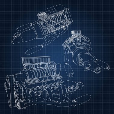 Güçlü araba motoru çeşitli türleri kümesi. Motor ile beyaz çizgiler bir kafes içinde bir koyu mavi kağıda çizilir.