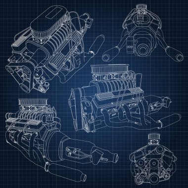 Güçlü araba motoru çeşitli türleri kümesi. Motor ile beyaz çizgiler bir kafes içinde bir koyu mavi kağıda çizilir.