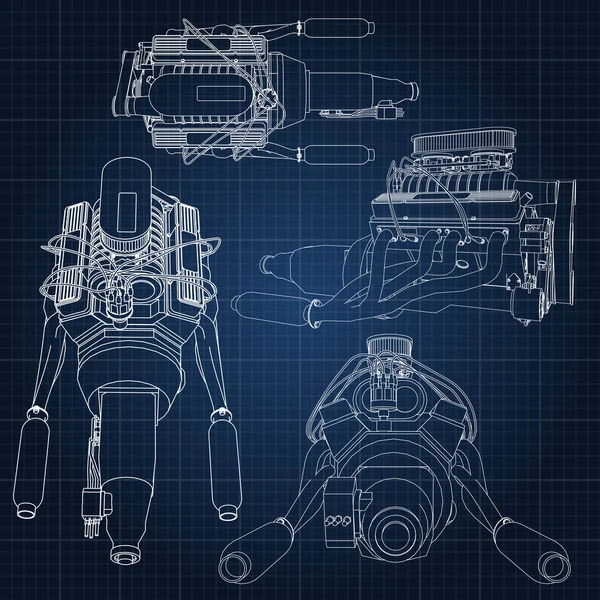 Güçlü araba motoru çeşitli türleri kümesi. Motor ile beyaz çizgiler bir kafes içinde bir koyu mavi kağıda çizilir.