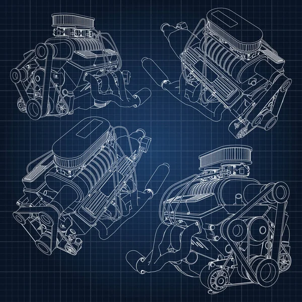 Ensemble Plusieurs Types Moteur Voiture Puissant Moteur Est Tracé Avec — Image vectorielle