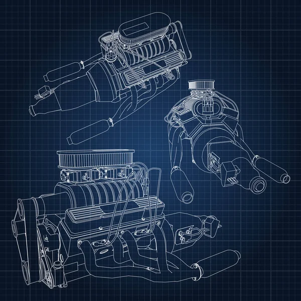 Conjunto Varios Tipos Motor Coche Gran Alcance Motor Dibuja Con — Vector de stock