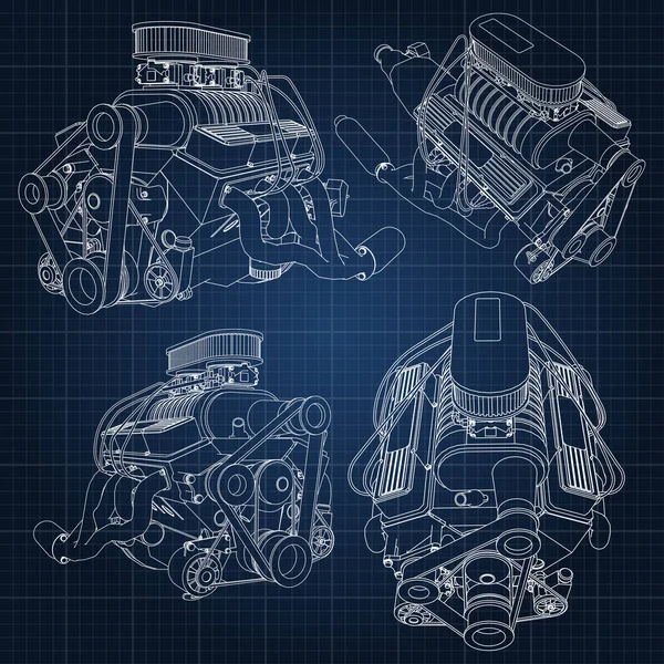 Conjunto Varios Tipos Motor Coche Gran Alcance Motor Dibuja Con — Archivo Imágenes Vectoriales