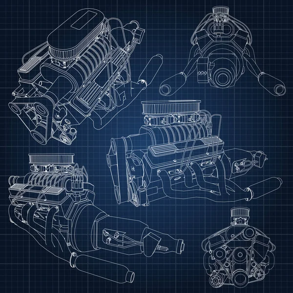 Een Aantal Verschillende Soorten Krachtige Motor Motor Getekend Met Witte — Stockvector