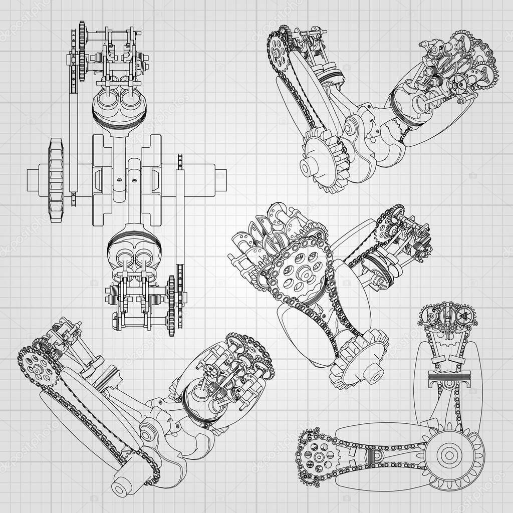 Various engine components, pistons, chains, nozzles and valves are depicted in the form of lines and contours. 3D drawing of assembly and parts