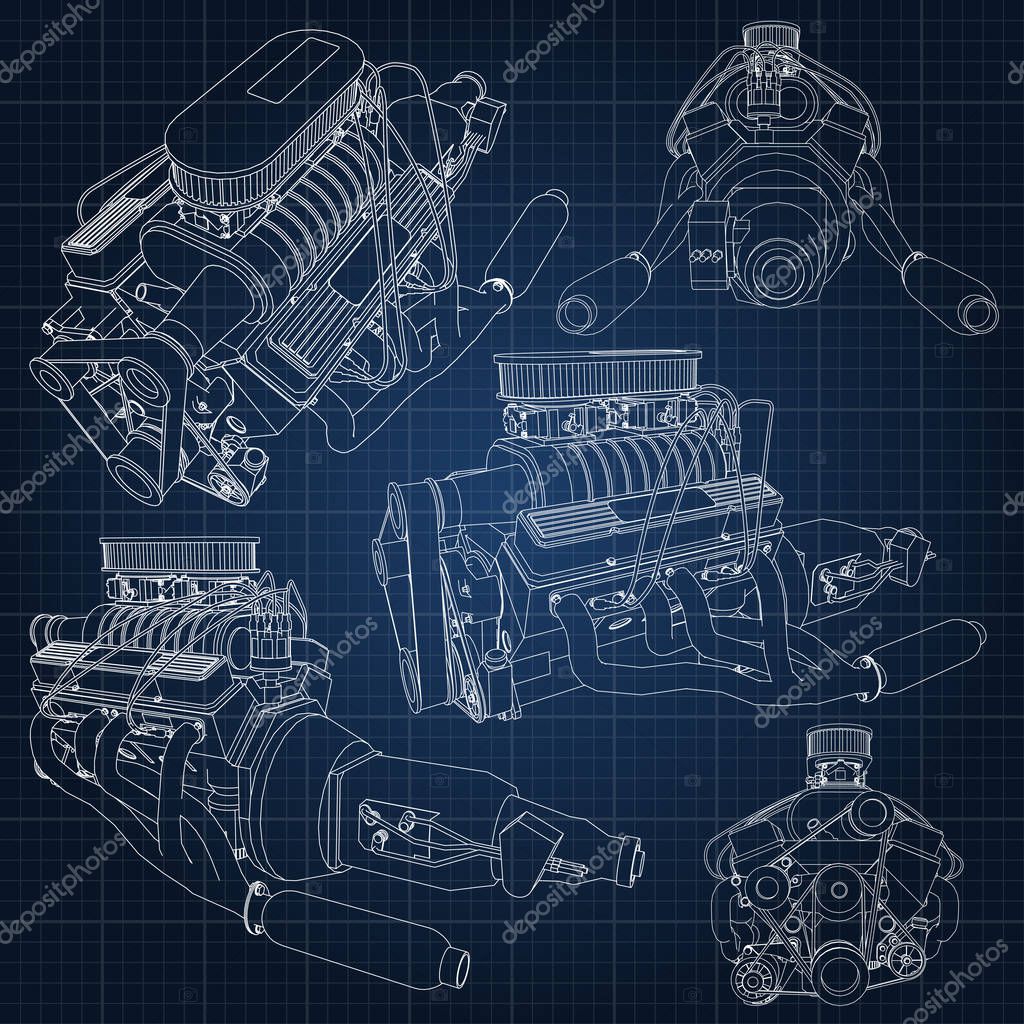A set of several types of powerful car engine. The engine is drawn with white lines on a dark blue sheet in a cage.