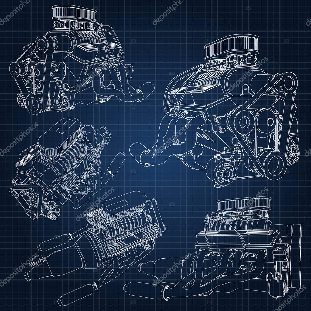 A set of several types of powerful car engine. The engine is drawn with white lines on a dark blue sheet in a cage.