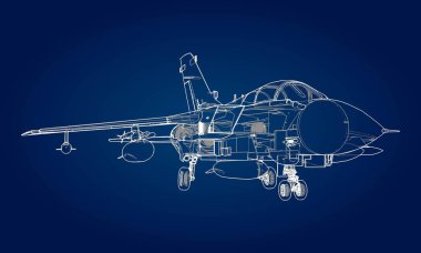 Askeri jet avcı uçağı siluetleri. Dağılım çizim çizgileri uçaklarda görüntüsü. Uçağın iç yapısı