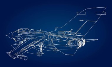 Askeri jet avcı uçağı siluetleri. Dağılım çizim çizgileri uçaklarda görüntüsü. Uçağın iç yapısı