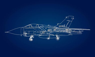Askeri jet avcı uçağı siluetleri. Dağılım çizim çizgileri uçaklarda görüntüsü. Uçağın iç yapısı