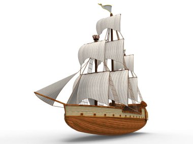 Üç boyutlu raster yumuşak gölgeler ile beyaz bir arka plan üzerinde bir antik yelkenli gemi Illustration. 3D render