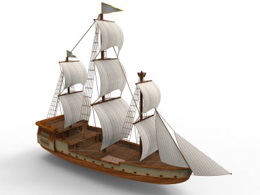 Üç boyutlu raster yumuşak gölgeler ile beyaz bir arka plan üzerinde bir antik yelkenli gemi Illustration. 3D render