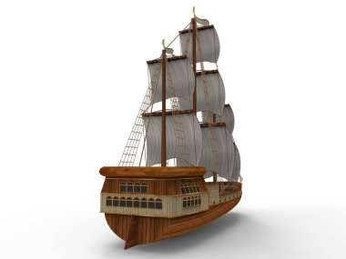 Üç boyutlu raster yumuşak gölgeler ile beyaz bir arka plan üzerinde bir antik yelkenli gemi Illustration. 3D render