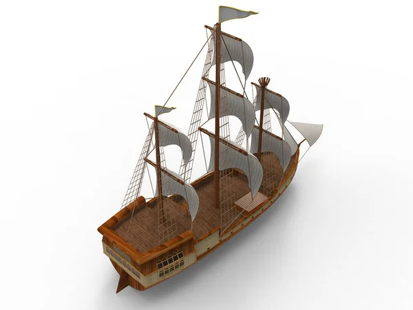 Dreidimensionale Rasterdarstellung Eines Antiken Segelschiffes Auf Weißem Hintergrund Mit Weichen — Stockfoto
