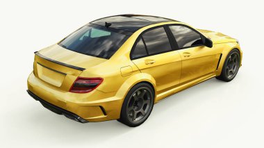 Hızlı spor araba renk altın beyaz bir arka plan üzerinde metalik süper. Vücut şekli sedan. Ayarlama, sıradan bir aile otomobili bir sürümüdür. 3D render.