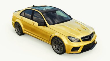 Hızlı spor araba renk altın beyaz bir arka plan üzerinde metalik süper. Vücut şekli sedan. Ayarlama, sıradan bir aile otomobili bir sürümüdür. 3D render.
