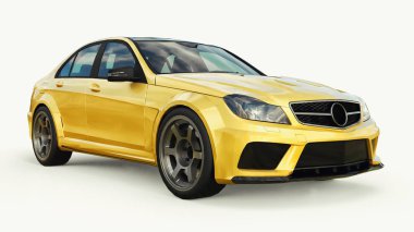 Hızlı spor araba renk altın beyaz bir arka plan üzerinde metalik süper. Vücut şekli sedan. Ayarlama, sıradan bir aile otomobili bir sürümüdür. 3D render.